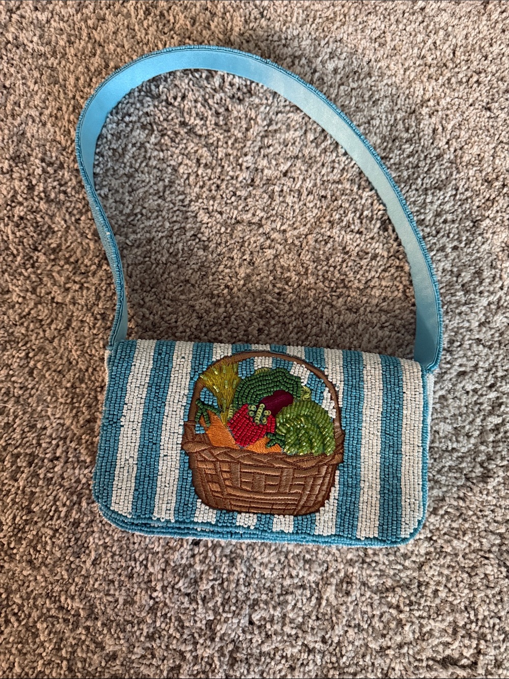 Beaded Blue Striped Shoulder Bag with Fruit Basket Motif